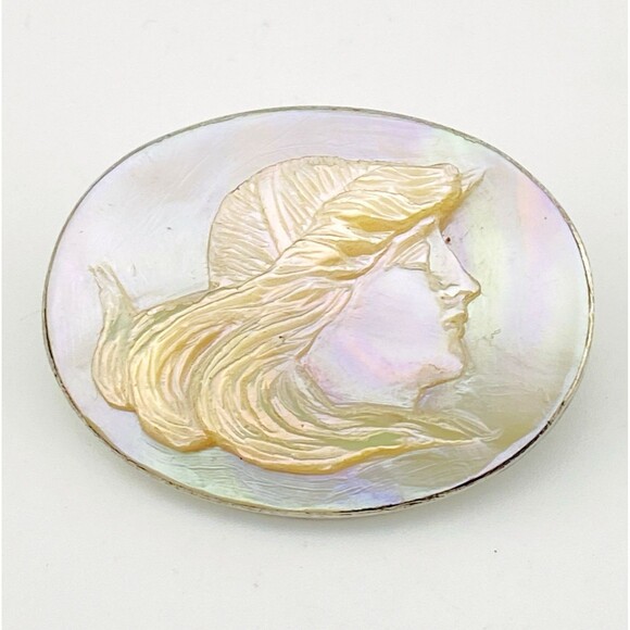 Fabulous Mother of Pearl Cameo Sterling Silver Brooch Pin Antique Victorian - Picture 2 of 7